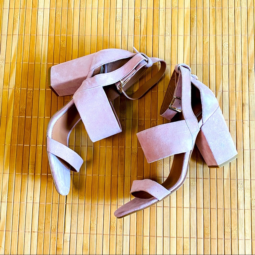 Blush Pink Genuine Suede Chunky Heel Strap Sandals Size 39
